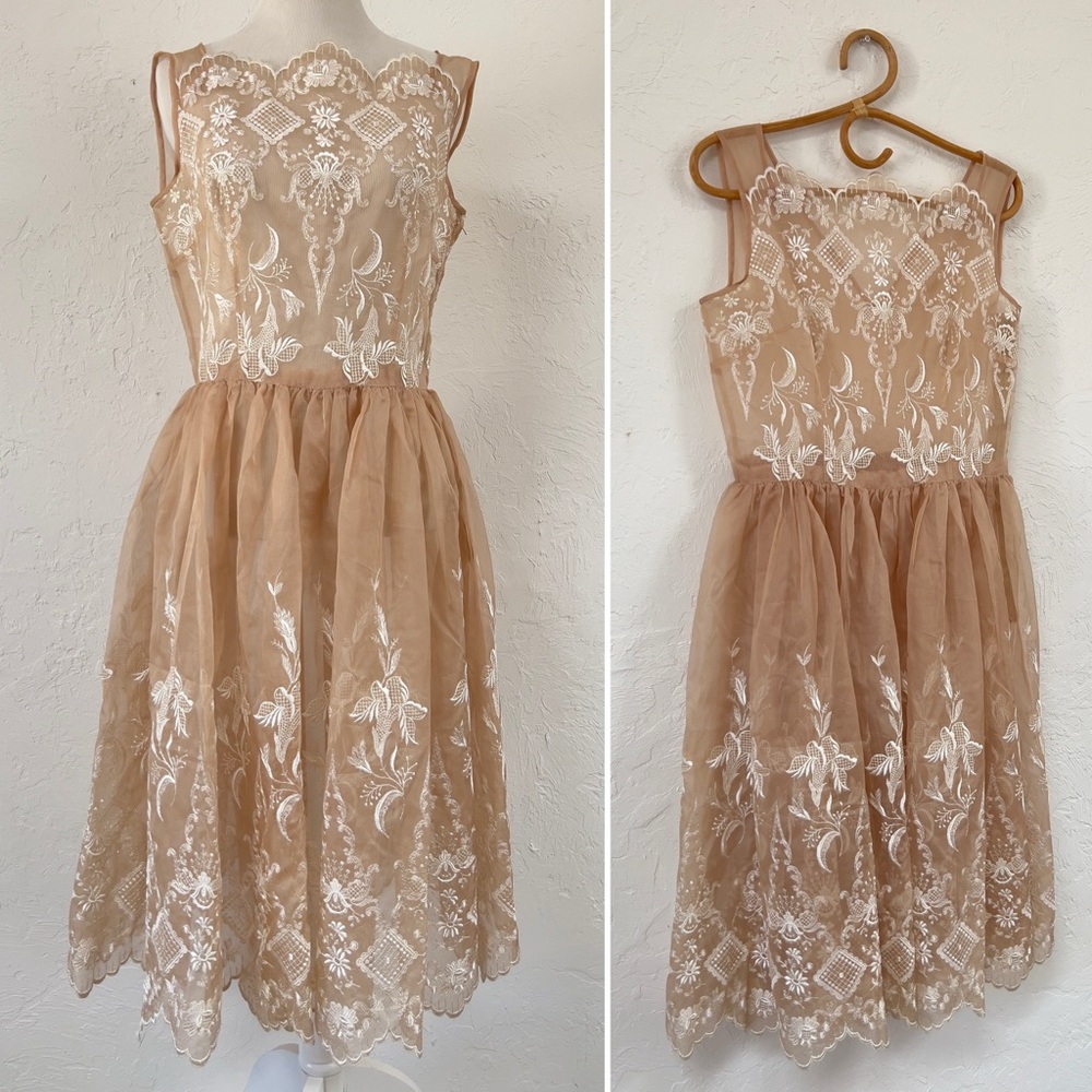 1950s Sheer Organza Fit & Flare Midi Party Cocktail Dress
